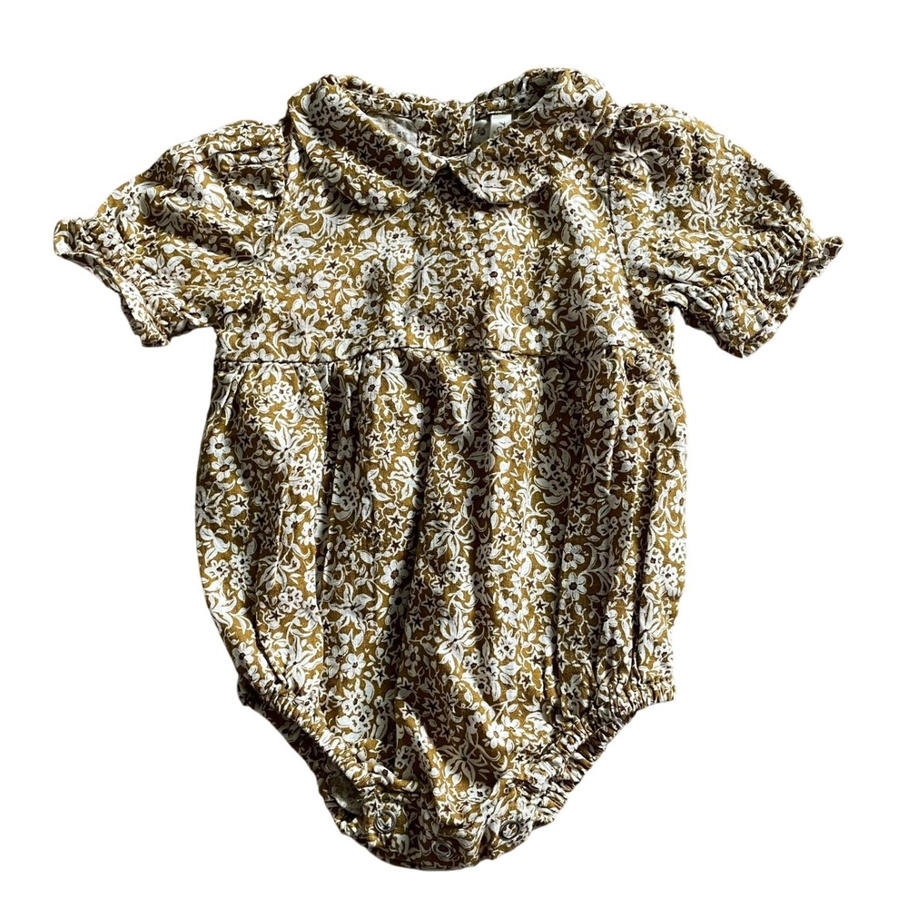 NWT $55 Rylee + Cru Bubble Romper Mustard Floral Peter Pan Collar 0-3M